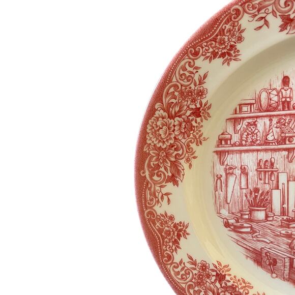 4pc Royal Stafford Christmas SANTA'S WORKSHOP Porcelain Dinner Plates 11" Red - Picture 10 of 15